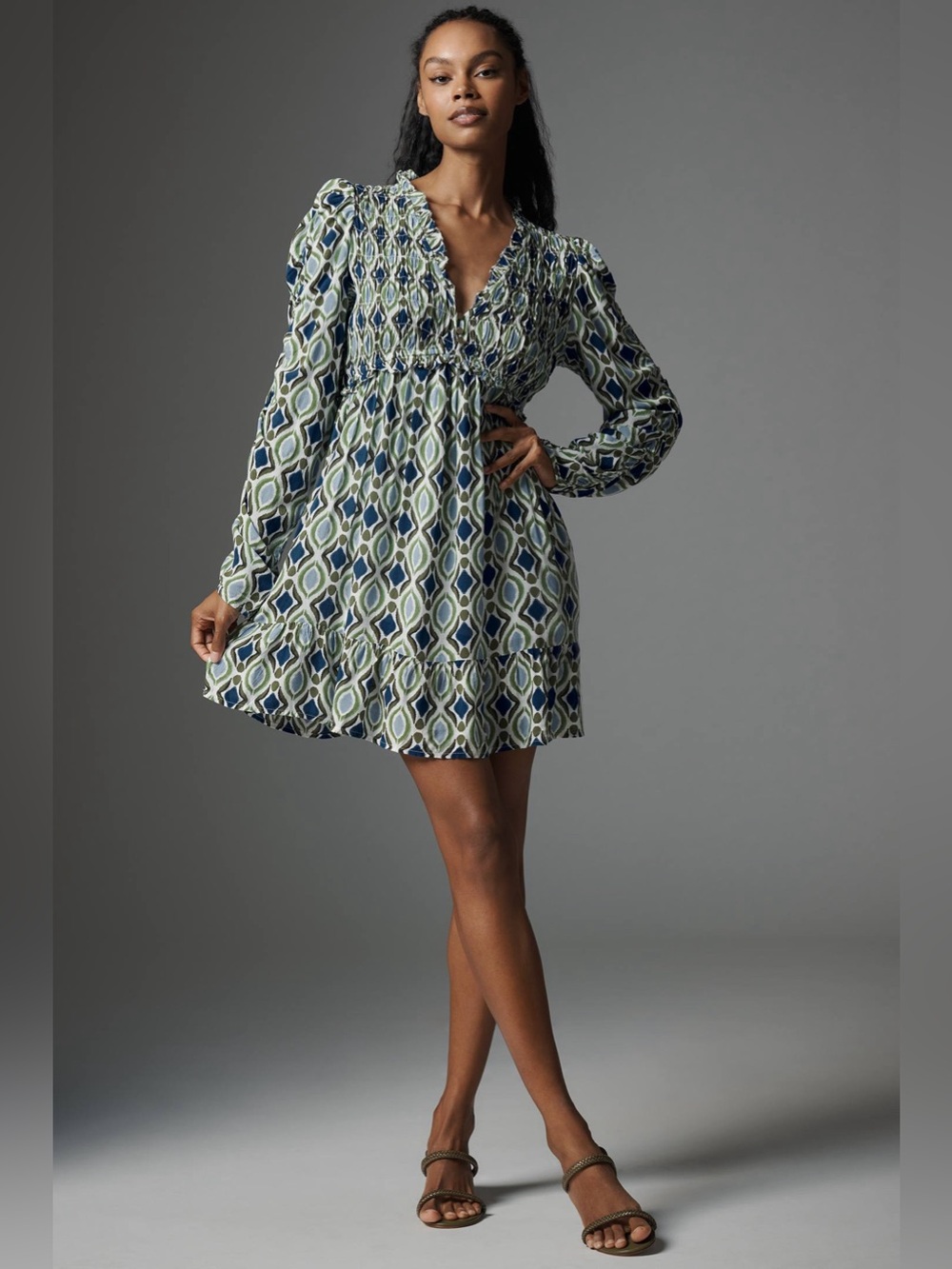 Anthropologie Dress Long Sleeve Ruffle Blue Green Smocked Large L - Picture 3 of 10